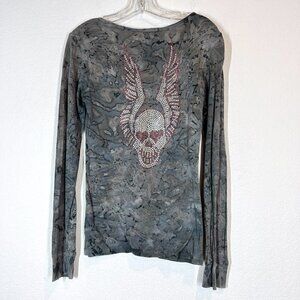Vintage Henley Top T-Shirt Y2K Gray Pink Retro Streetwear Medium